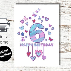 Direct downloaden en thuis afdrukken roze digitale kaart voor 6e verjaardag voor meisje-6 jaar