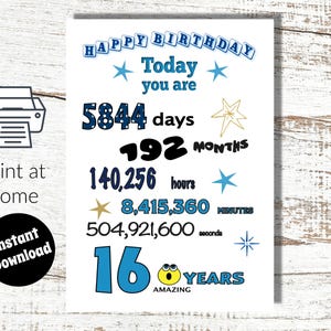 Instant Download and Print 16th Birthday Digital Card Facts and Figures-16 years old greetings card