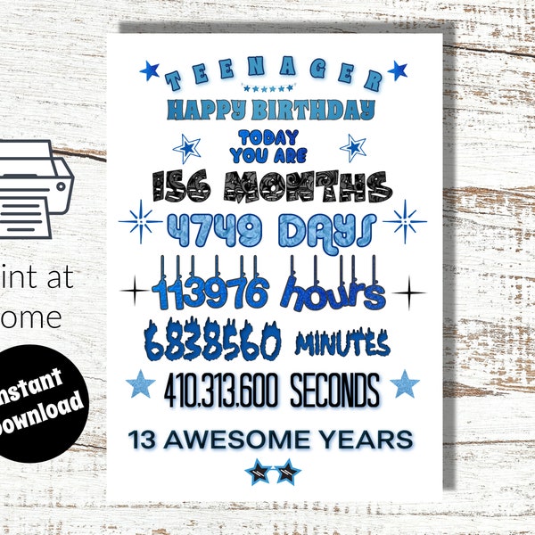 Download and Print at Home 13th Birthday Card Facts and Figures-Teenager Greeting Card in Blue