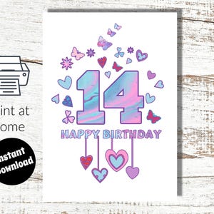 Instant Download and Print at Home Pink 14th Birthday Digital Card For girl - 14 years old