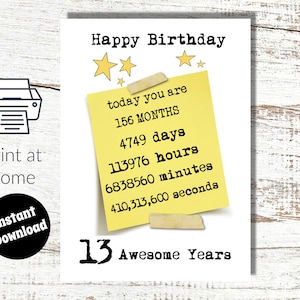 Instant Download and Print at Home Number and Facts 13th Birthday Card Teenager - 13 years old