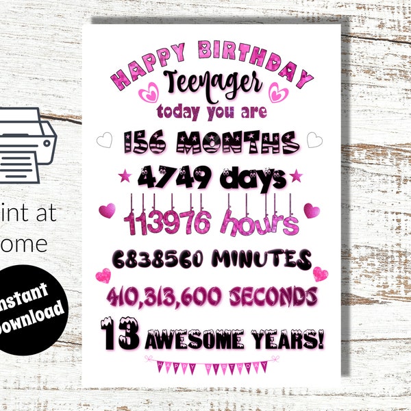 Instant Download and Print at Home Pink Number and Facts Birthday Card Teenager - 13 years old