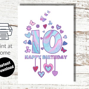 Instant download en print thuis roze 10e verjaardag digitale kaart voor meisje - 10 jaar oud
