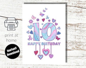 Téléchargement instantané et impression à la maison Carte numérique rose 10e anniversaire pour fille - 10 ans