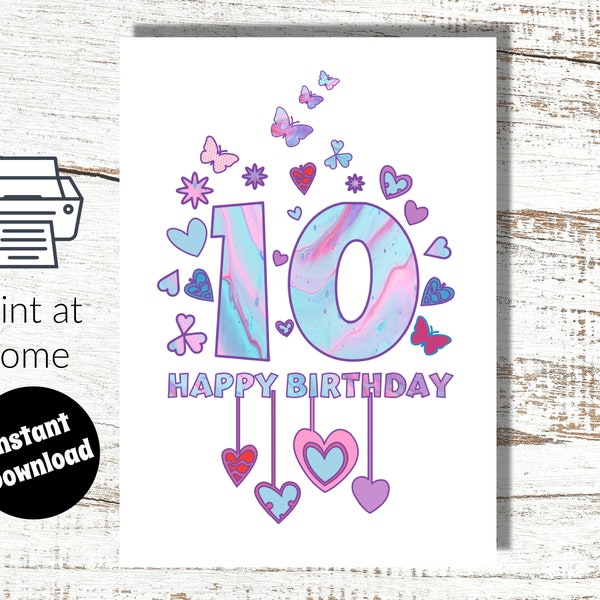 Instant Download and Print at Home Pink 10th Birthday Digital Card For girl - 10 years old