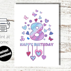 Téléchargement instantané et impression à la maison Carte numérique rose 8e anniversaire pour fille - 8 ans