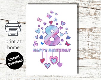 Instant Download and Print at Home Pink 8th Birthday Digital Card For girl - 8 years old