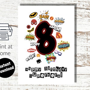 Sofortiger Download und Druck zu Hause 8. Geburtstag Digitale Karte Superheld -8 Jahre alt