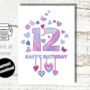 Download istantaneo e stampa a casa Carta digitale rosa del 12 ° compleanno per ragazza - 12 anni