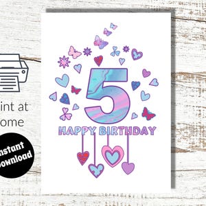Carte numérique rose pour 5e anniversaire à téléchargement immédiat et impression à la maison pour fille de 5 ans