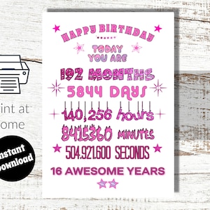 Téléchargez et imprimez la carte numérique du 16e anniversaire, faits et chiffres, carte de voeux pour 16 ans - ROSE