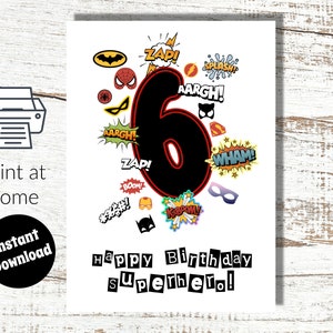 自宅ですぐにダウンロードして印刷できる 6 歳の誕生日デジタル カード スーパーヒーロー - 6 歳