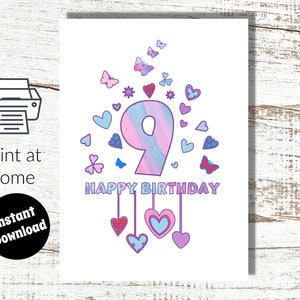 Instant Download und Ausdrucken zu Hause Pink 9. Geburtstag Digitale Karte für Mädchen - 9 Jahre alt