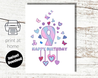 Instant Download and Print at Home Pink 9th Birthday Digital Card For girl - 9 years old