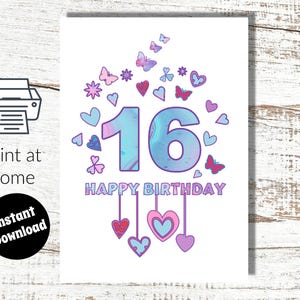 Carte numérique rose pour 16e anniversaire à téléchargement immédiat et impression à la maison pour fille de 16 ans