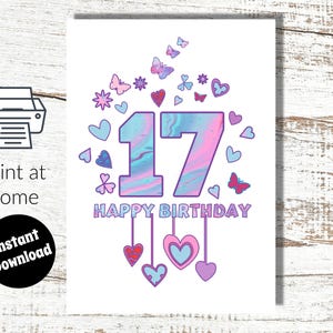 Thuis roze digitale kaart voor 17e verjaardag direct downloaden en afdrukken voor meisje - 17 jaar