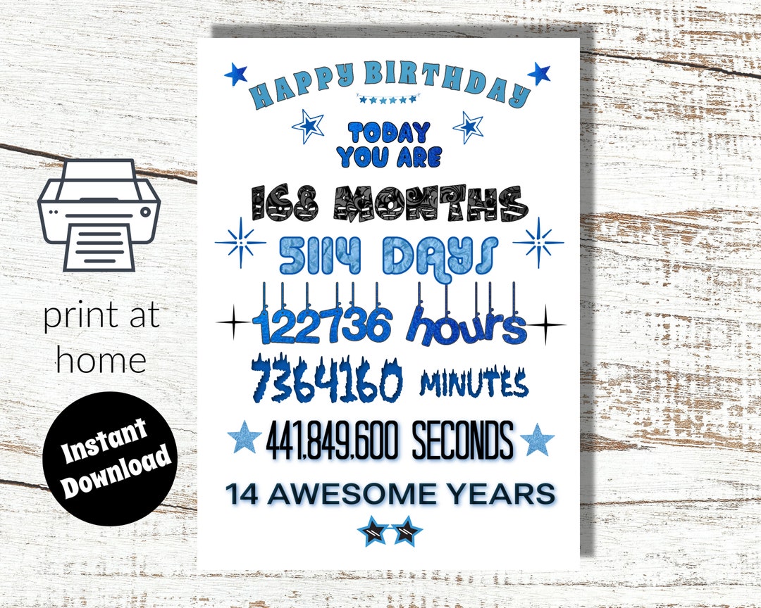 Download and Print at Home 14th Birthday Digital Card Facts and Figures ...
