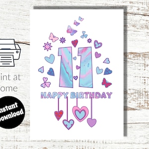Instant Download and Print at Home Pink 11th Birthday Digital Card For girl - 11 years old