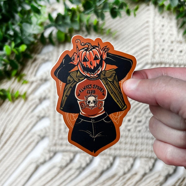 Always Spooky Club Sticker, Pumpkin Water Resistant Decal, Pumpkin Girl Spooky Sticker Stocking Stuffer, Gifts for Goths