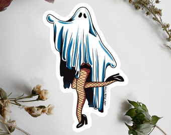 May include: A white ghost with blue detailing, covering the top half of the image, revealing legs in fishnet stockings and black high heels. The sticker has the text "HOLLI ROSE ART" on the right side. The design is a unique blend of spooky and stylish.