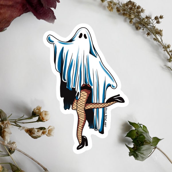 Ghost Pinup Girl Sticker, American Traditional Ghost Sticker, Vinyl Decal Water Resistant, Halloween Sticker, Tattoo Gifts