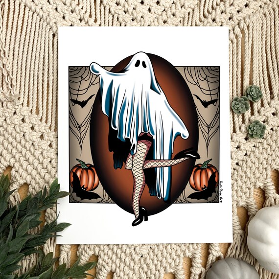 Halloween Pin Up Tattoo 2022 Ghost Art Print Pinup Art Traditional Tattoo Art Ghost Etsy India