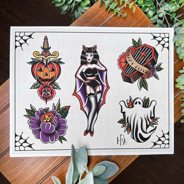 American Traditional Halloween Flashsheet, Halloween Art Print, Flash Designs, Tattoo Designs