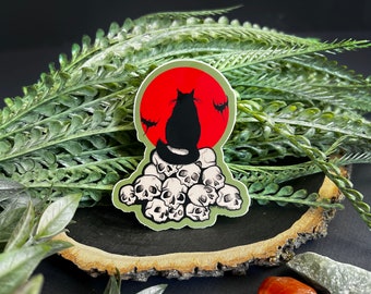Gruselige schwarze Katzenschädel Aufkleber: Mattes wasserfestes Vinyl