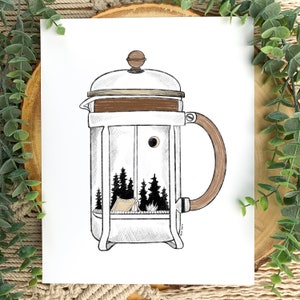 French Press Art, Coffee Art Print, Tent Nature Art Decor, French Press Coffee Wall Decor