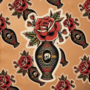 May include: A repeating pattern of vintage tattoo style illustrations of a red rose in a black and gold vase with a skull inside. The vase has a scale pattern and is decorated with red, gold, and green accents. The background is a brown paper texture.