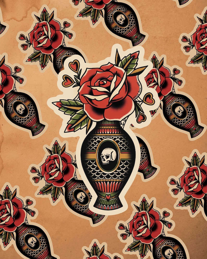 May include: A repeating pattern of vintage tattoo style illustrations of a red rose in a black and gold vase with a skull inside. The vase has a scale pattern and is decorated with red, gold, and green accents. The background is a brown paper texture.