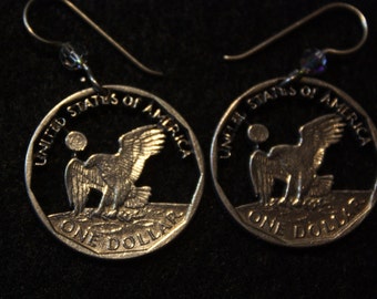Coin Cut - Susan B Anthony Dollar - Sterling Silver Dangle Earrings