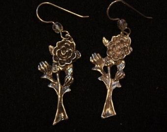 Short Stem Rose - Sterling Silver Dangle Earrings