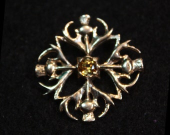 Scottish Thistle  with Yellow Stone - 14K Gold Pendant and chain