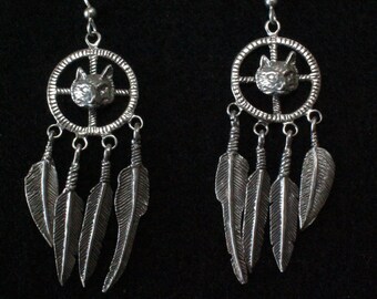 Native American Medicine Wheel with Wolf - Sterling Silver Dangle Earrings