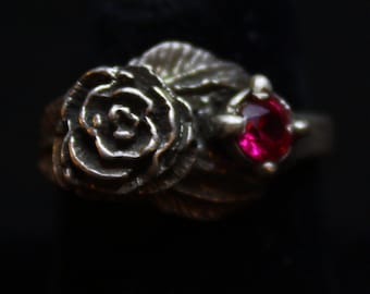 Rose with Red Stone - Sterling Silver Ring