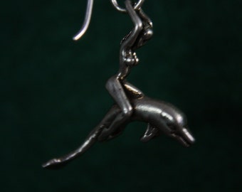 Woman on Dolphin Dangle Earring - Sterling Silver