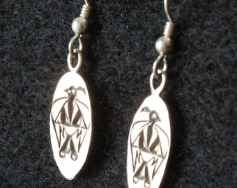 Native American Oval Thunderbird - Sterling Silver Dangle Earrings