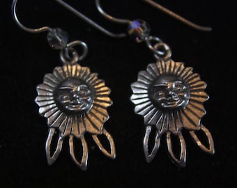 Sun with Rays - Sterling Silver Dangle Earrings