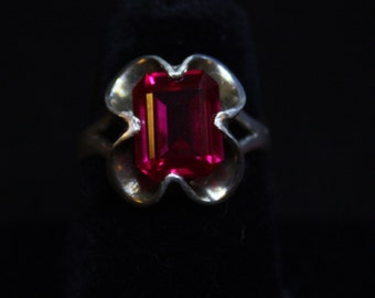 Red Cut Rectangle Stone in Wrap Around Setting- Sterling Silver Ring