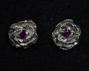 Rose with Stone - Sterling Silver Stud Earrings