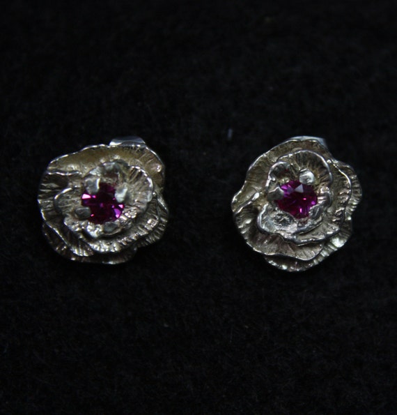 Rose with Stone - Sterling Silver Stud Earrings