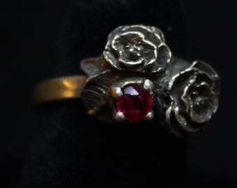 Double Rose with Red Stone - Sterling Silver Ring