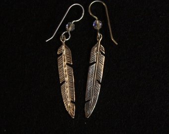 Native American Large Flat Feather - Sterling Silver Dangle Earring