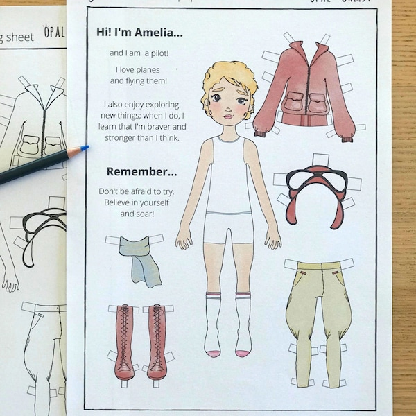 Amelia Earhart Paper Doll Activity Sheet, Digital Creative Sheets, Printable, Kids Activities, Women's History Month, Learn and Play
