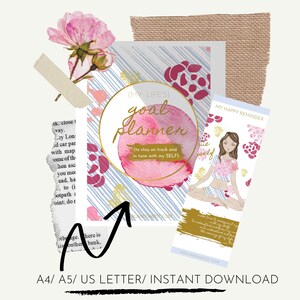 A5, A4, Carta de EE. UU., Planificador de objetivos, Planificador de bienestar, Floral rosa exuberante, Ilustrado, Motivacional