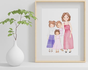 Custom Illustrated Family Portrait, Digital, Wall Art, Personalized Gift, Motherhood