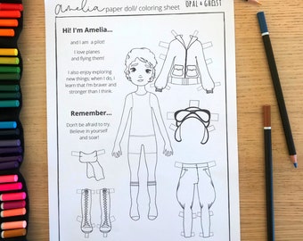 Amelia Paper Doll Coloring Digital Creative Sheet, PDF, Printable, Amelia Print, Kids Activities, Learn and Play