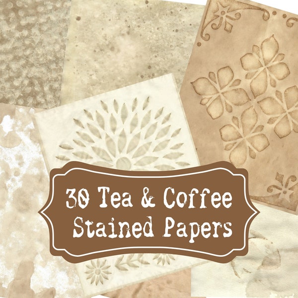 Tea & Coffee stained digital papers, dyed backgrounds, aged, vintage, junk journal kit, 8.5x11 pages, distressed, grunge, paper pack