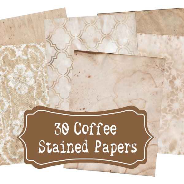 Coffee stained digital papers, dyed backgrounds, aged, vintage, junk journal kit, 8.5x11 pages, distressed, grunge, paper pack